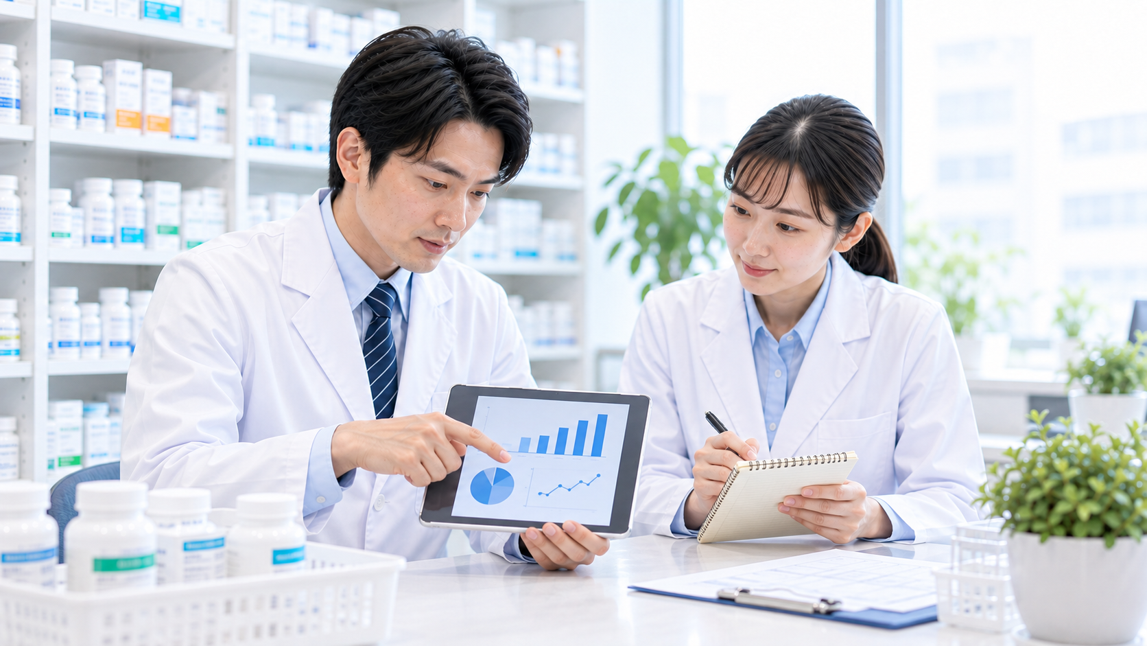 薬局で管理薬剤師とスタッフがKPIの確認画面を見ている画像
