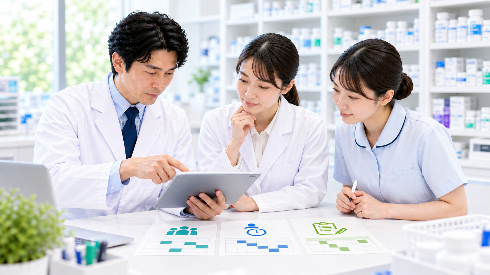 薬局スタッフがKPIの目的を相談している画像