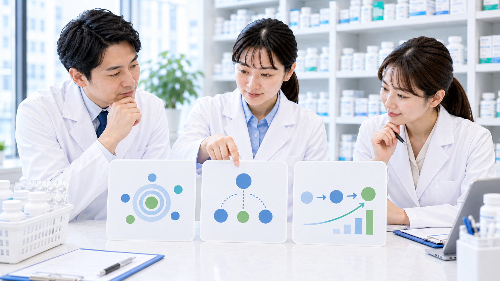薬局チームがKPIの目的と確認点をカードで整理している画像