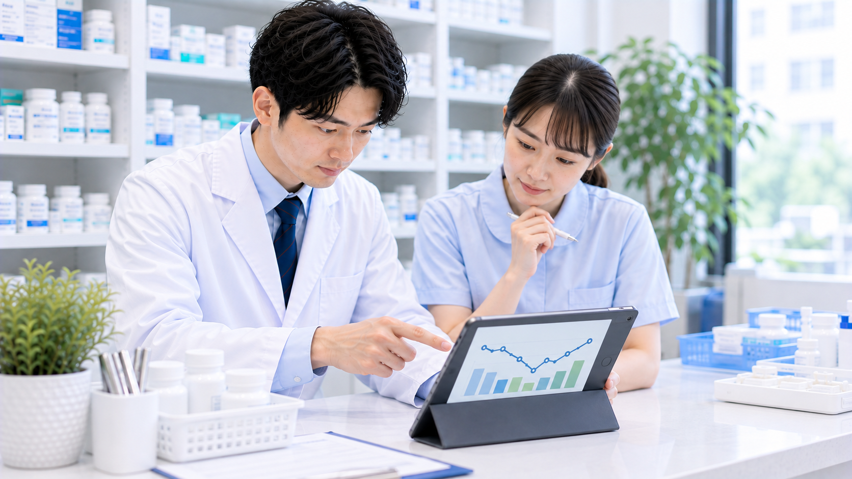 薬局でスタッフが記録と業務の変化を確認している画像