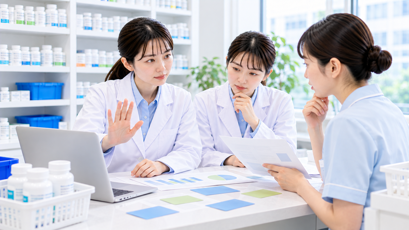 薬局スタッフがKPIを見て無理な判断を避ける相談をしている画像