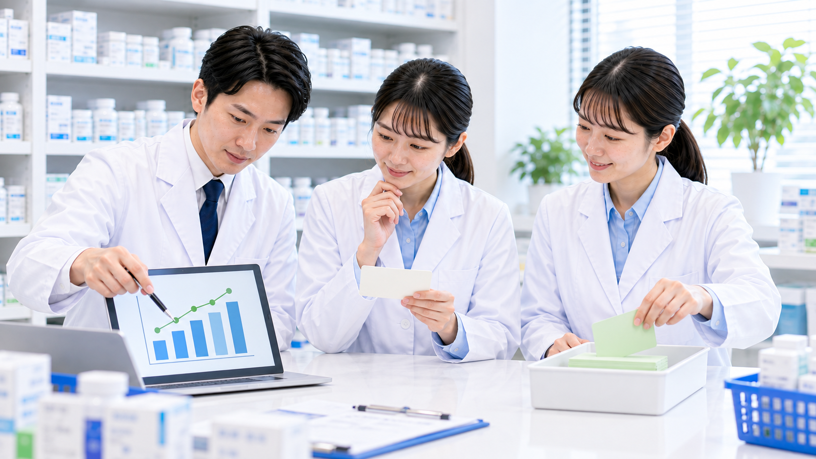 薬局チームがKPIの週次レビュー手順を確認している画像