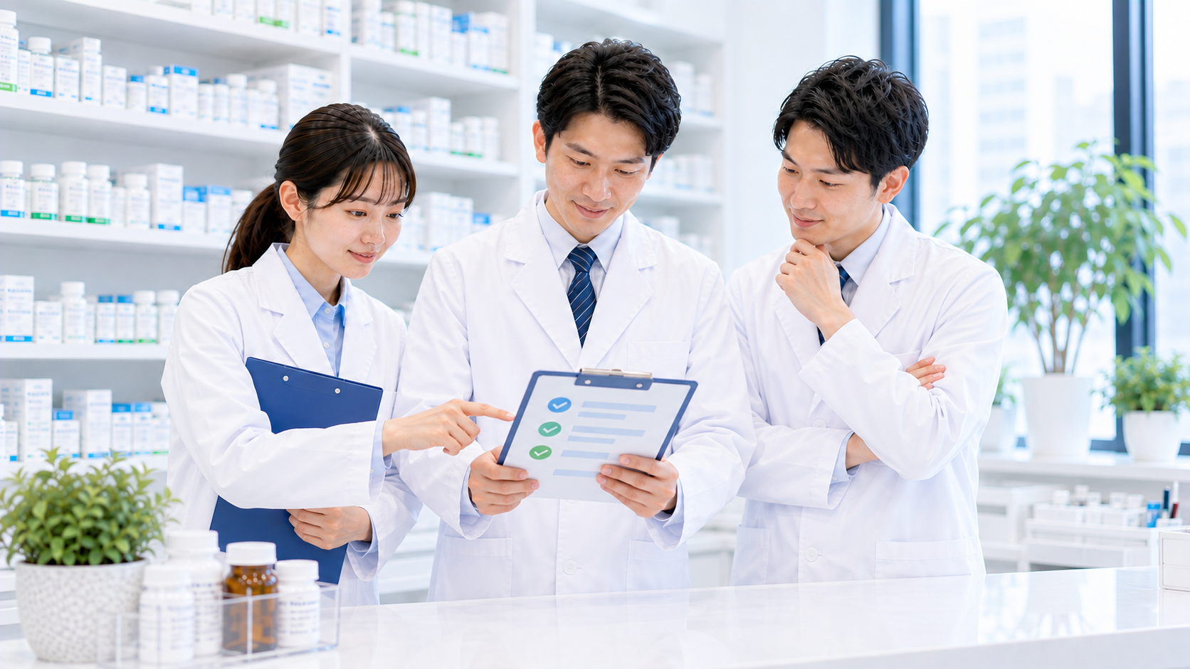 薬局スタッフがKPIの確認を終えて次の行動を共有している画像