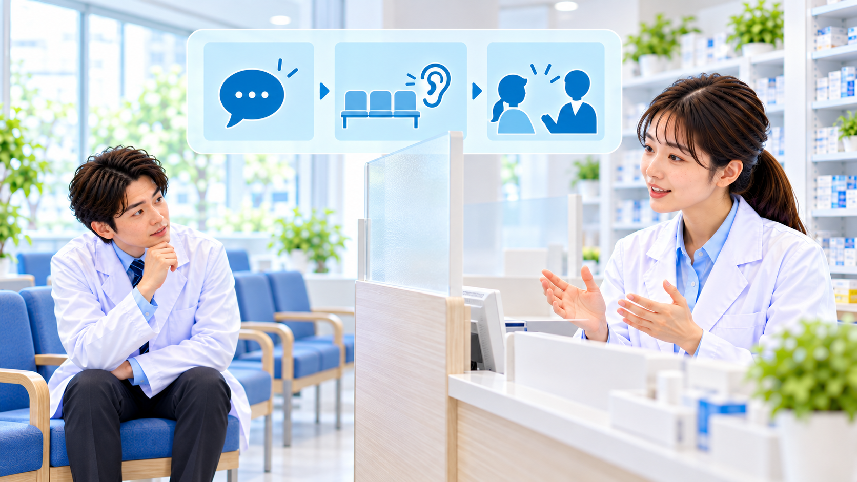 薬局スタッフが相談カウンターと待合席で会話の聞こえ方を確かめる説明用イメージ