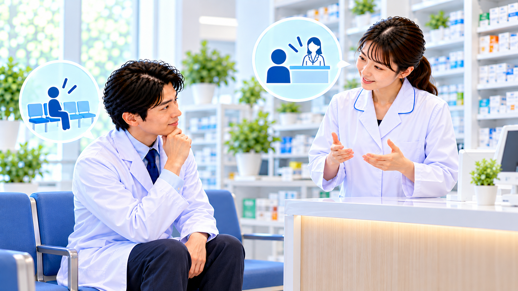 薬局スタッフ同士が患者情報のない模擬会話で待合席への聞こえ方を確かめるイメージ