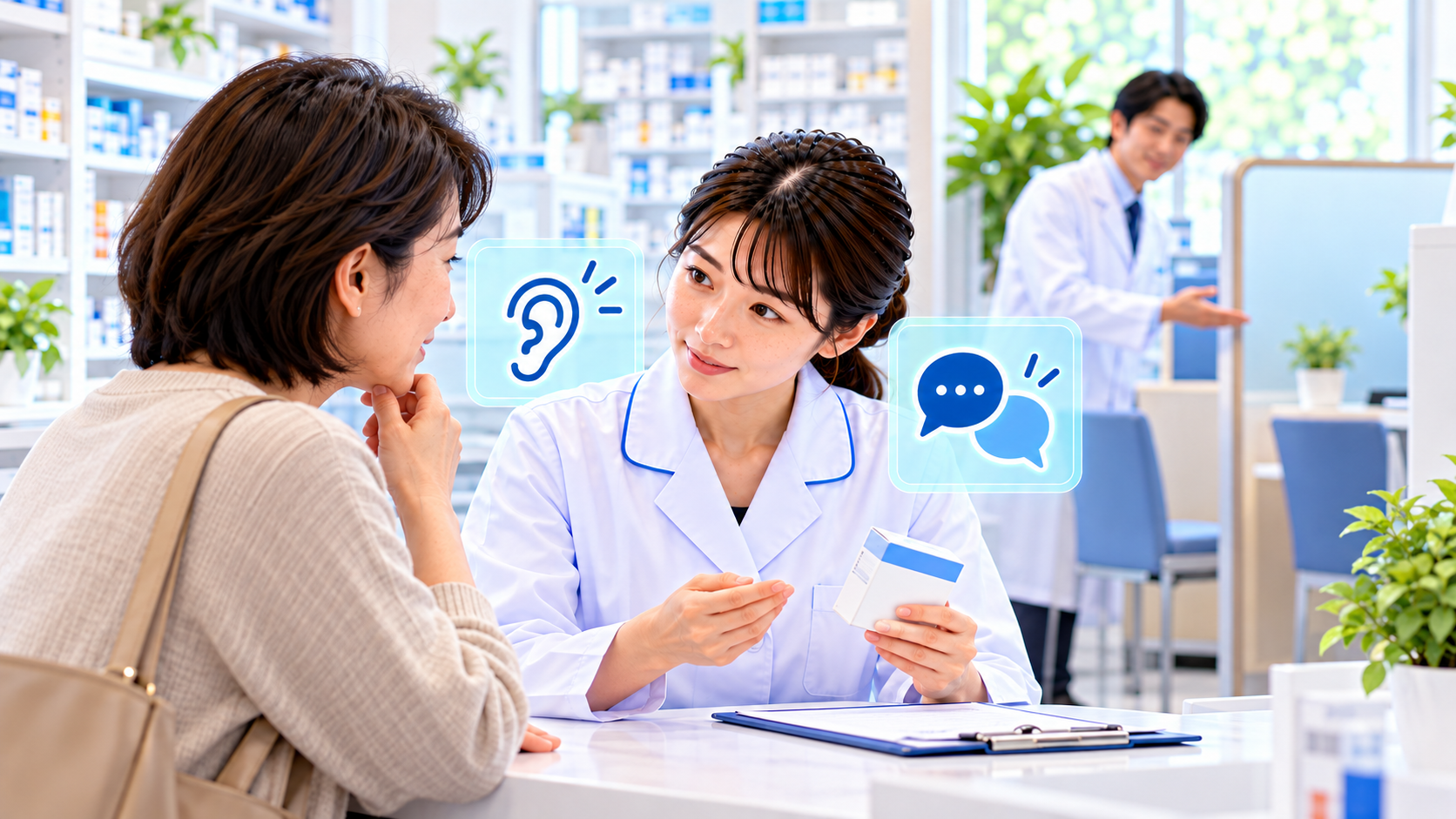 薬剤師が相手の聞き取りやすさを確かめながら相談する説明用イメージ