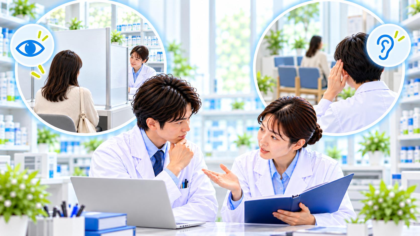 仕切りを見る確認と周囲で聞く確認を比べ、相談方法を話し合う薬局スタッフのイメージ