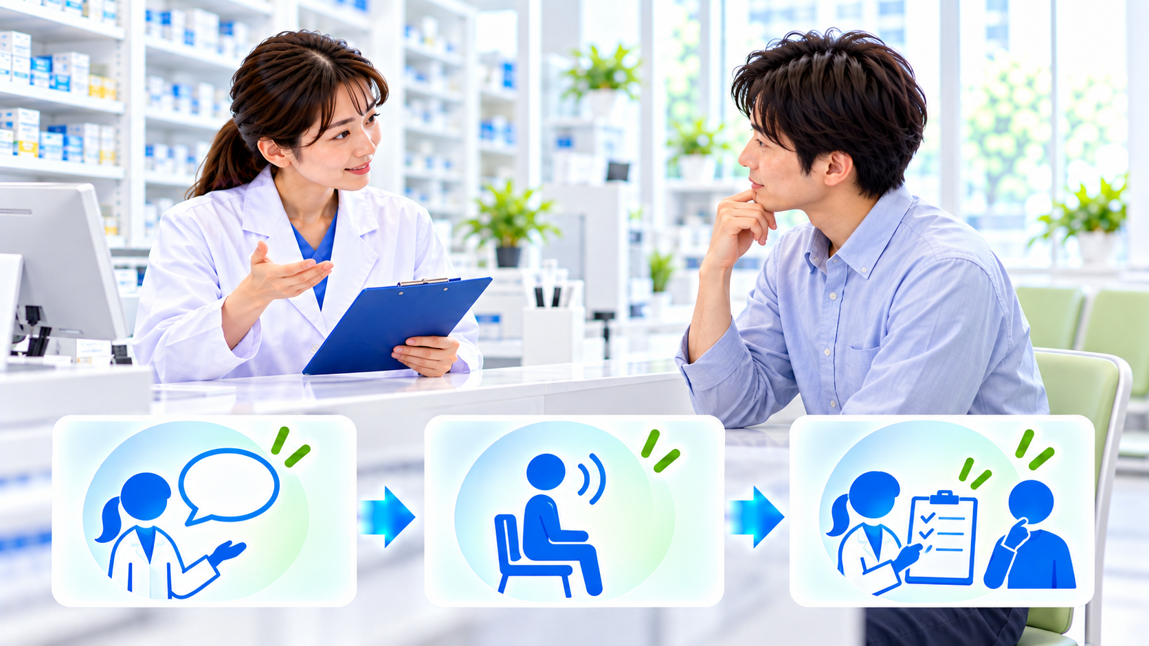 患者情報のない会話、聞く位置、確認結果の共有を順に示す説明用イメージ