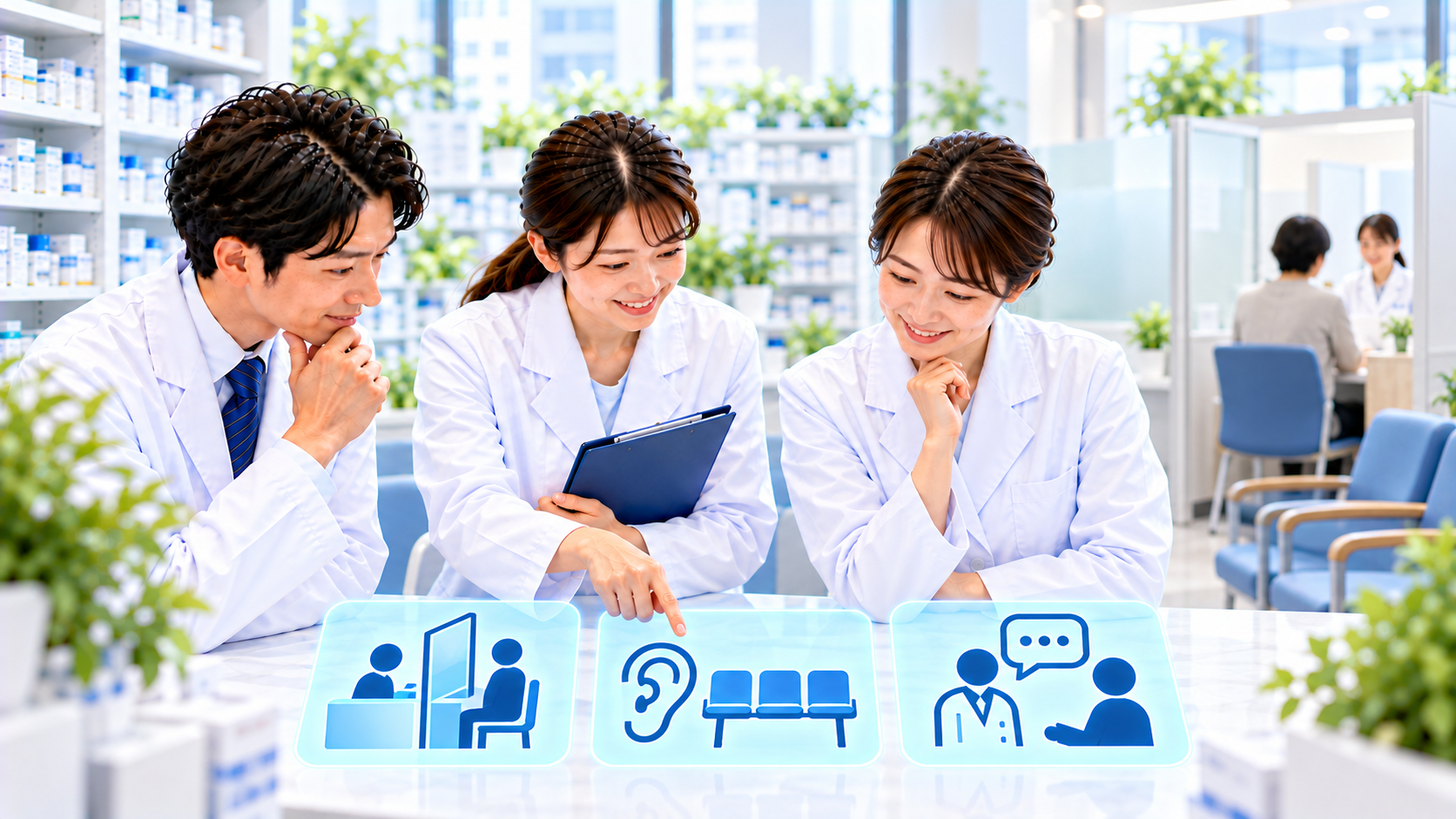 相談窓口、待合席の聞こえ方、本人の希望をチームで確認する説明用イメージ
