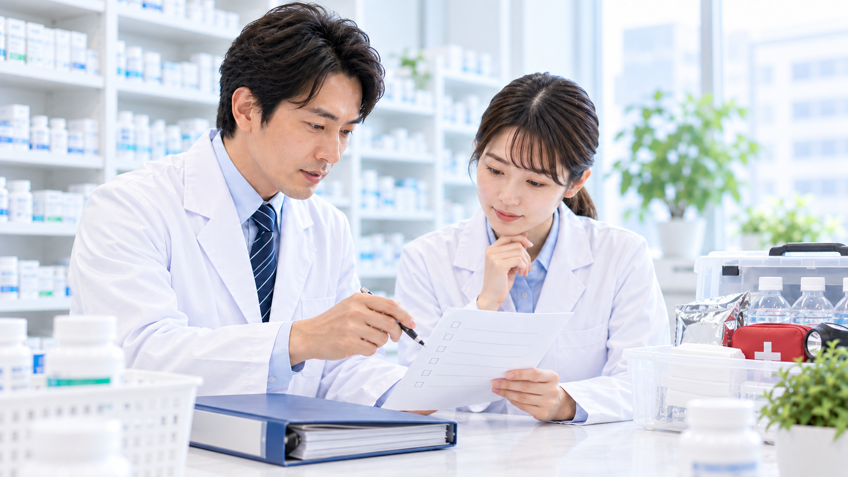 薬局の管理薬剤師とスタッフが災害BCPの資料を平時に確認する画像
