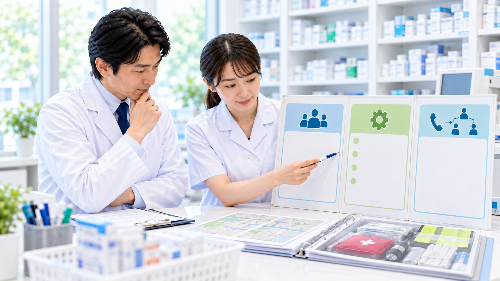 薬局スタッフが人、優先業務、連絡経路の三つを共有する画像