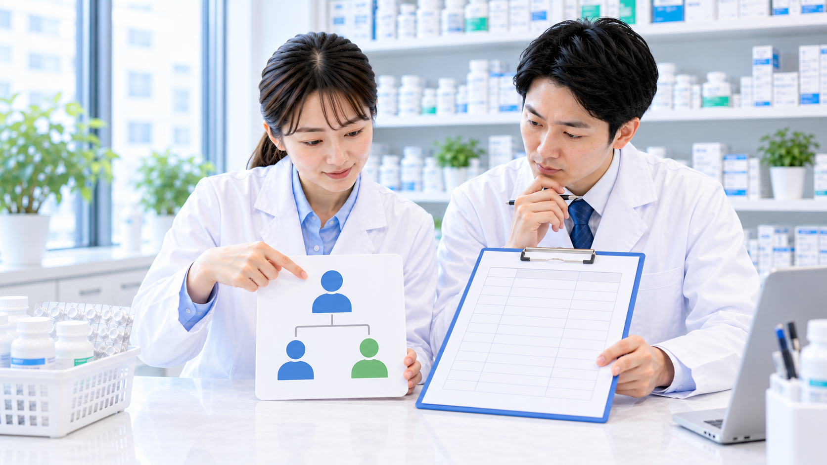 薬局で管理薬剤師とスタッフが担当と代行を確認する画像
