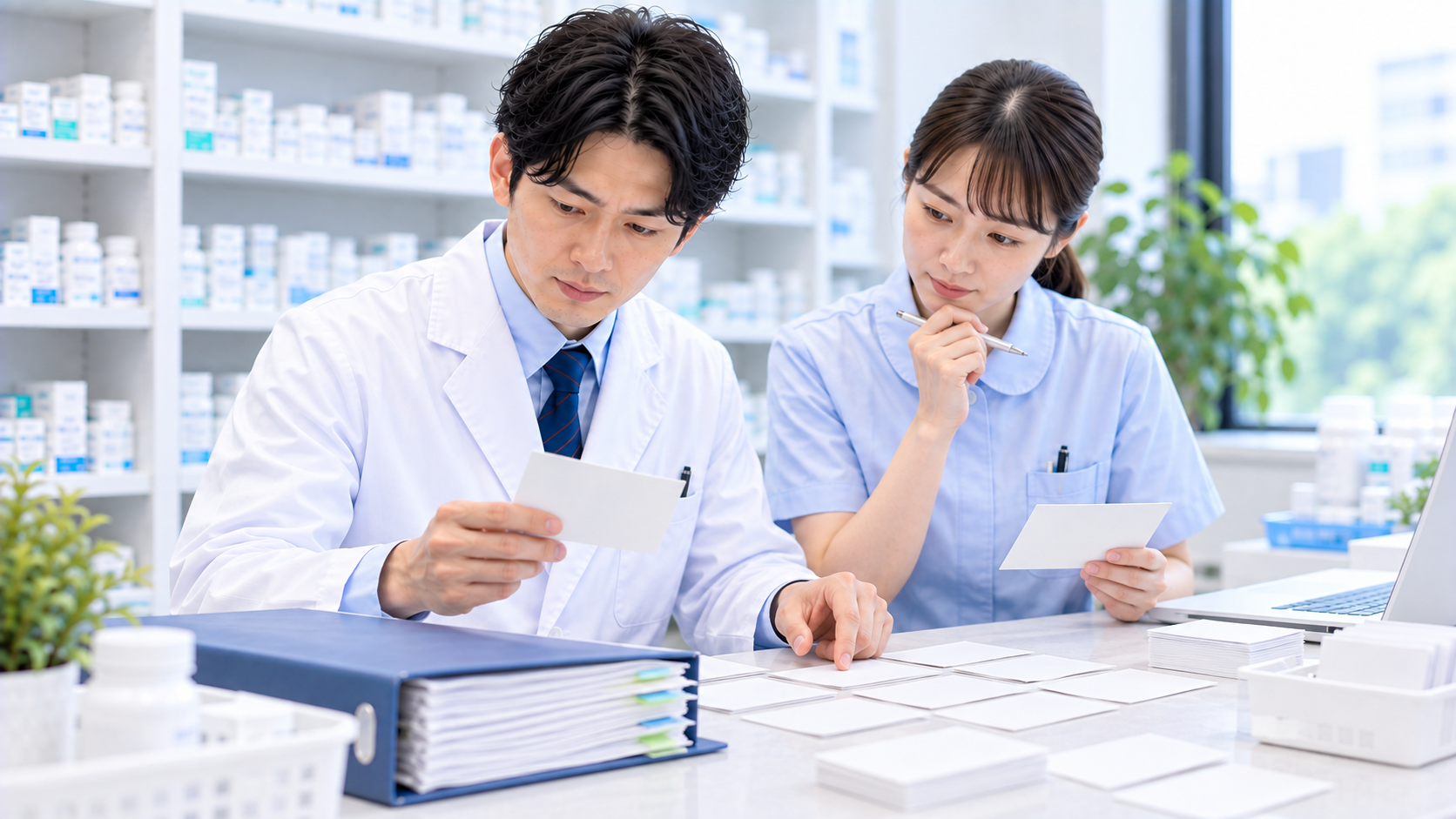 薬局スタッフが継続業務と必要な資源を整理する画像