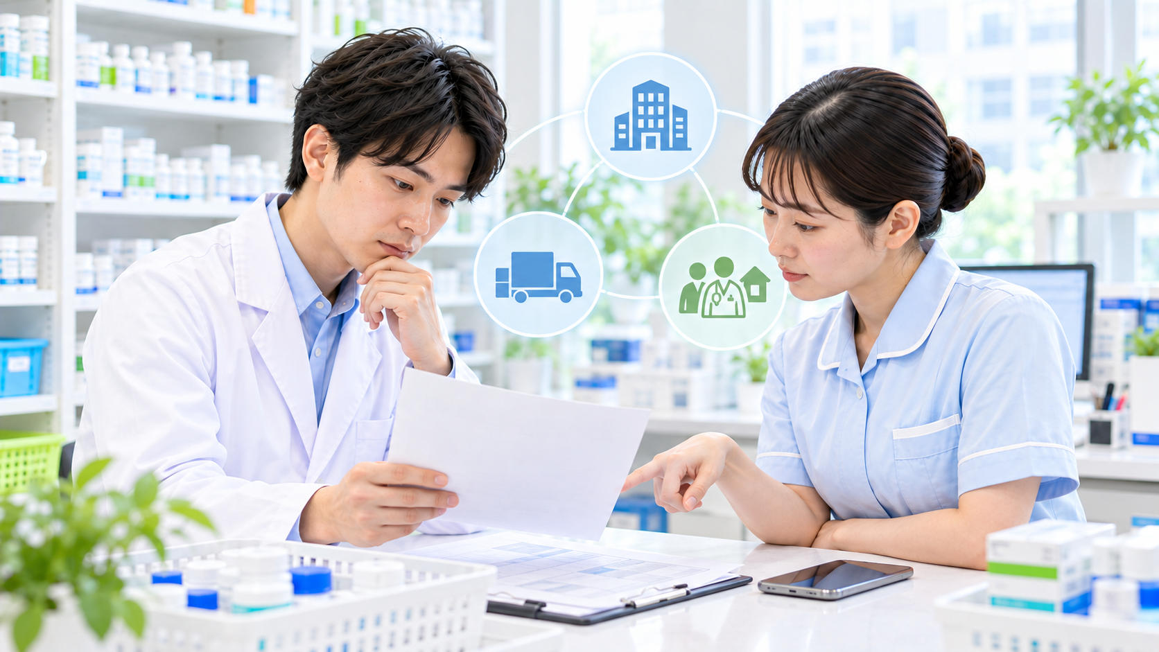 薬局スタッフが所属先や地域への連絡経路を確認する画像