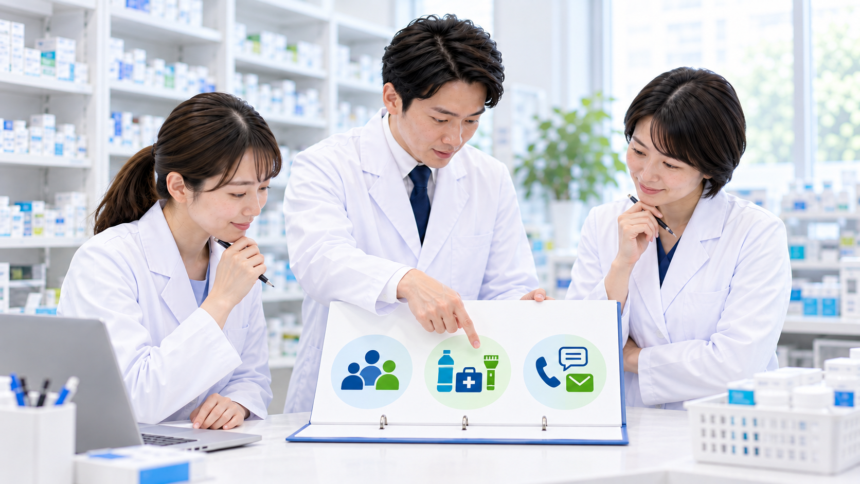 薬局スタッフが災害BCPの役割と連絡経路を短く共有する画像