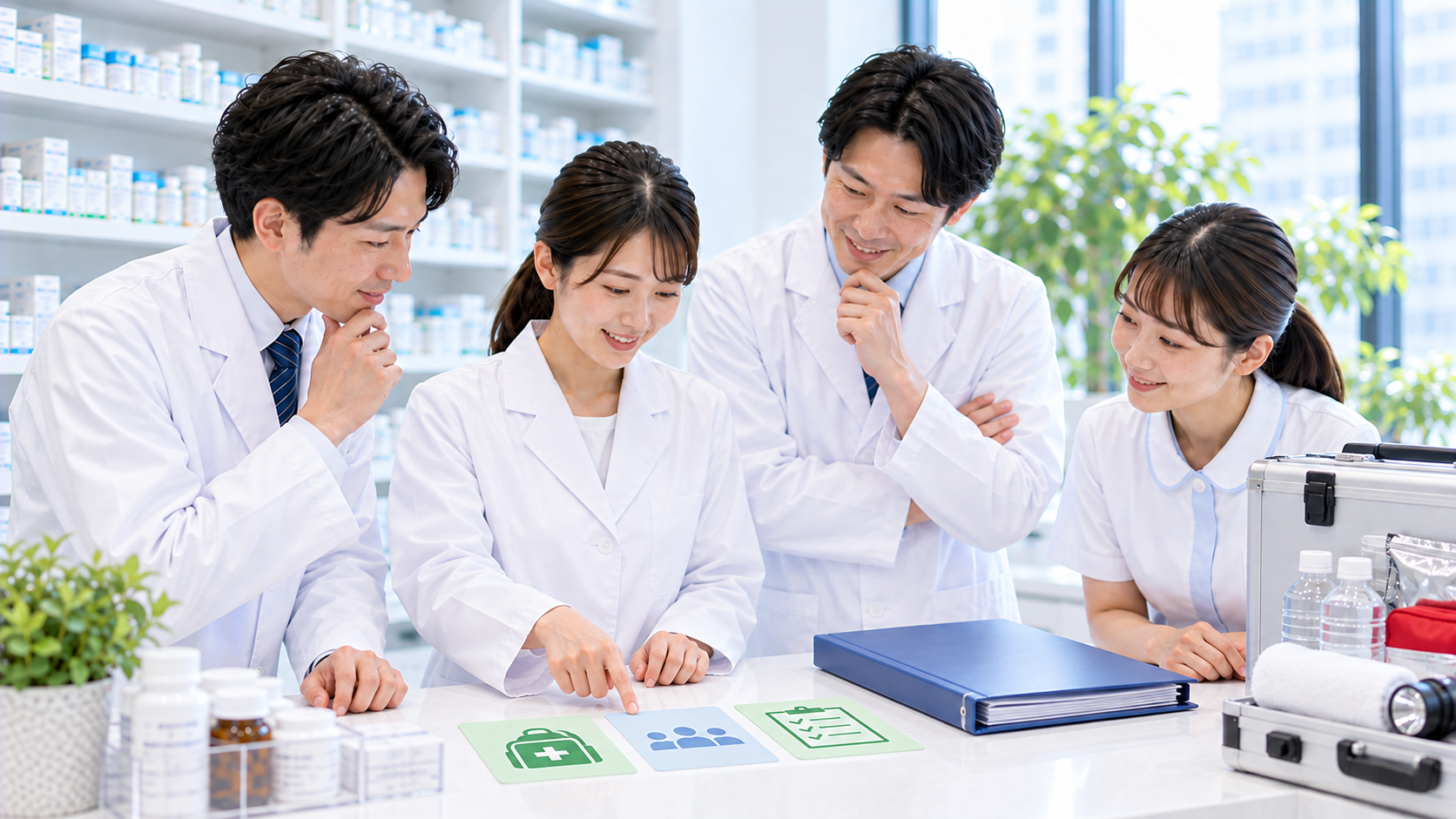 薬局のスタッフが災害BCPの三つの確認を共有した画像