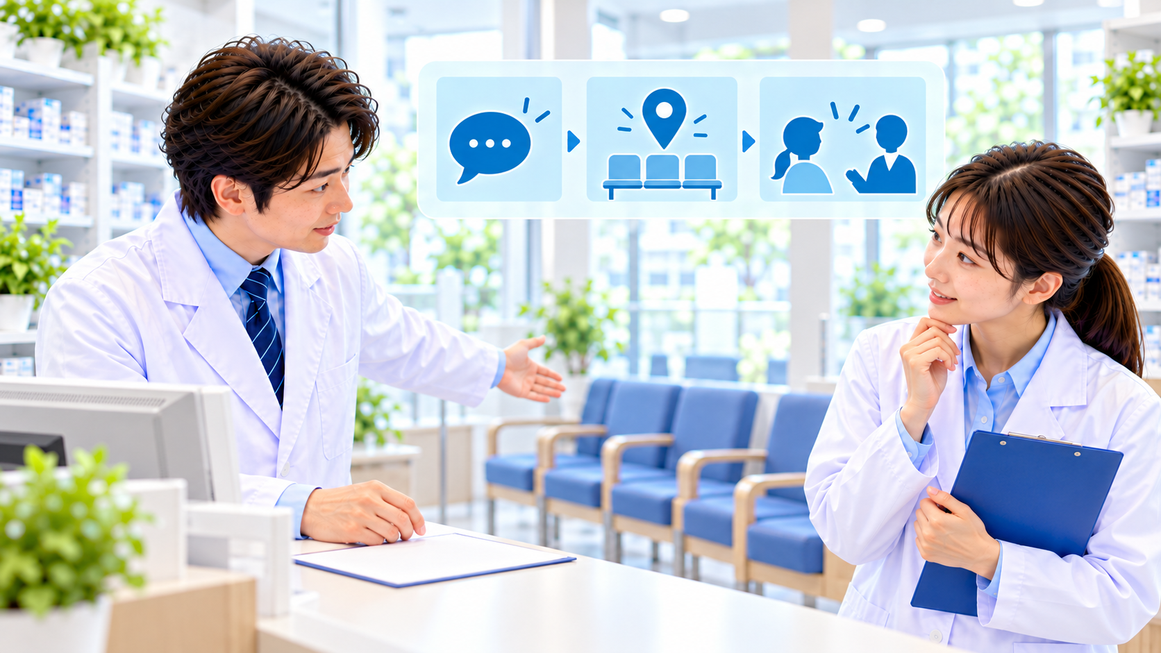 薬局スタッフが受付で使う短い案内と待合席の示し方を確認する説明用イメージ