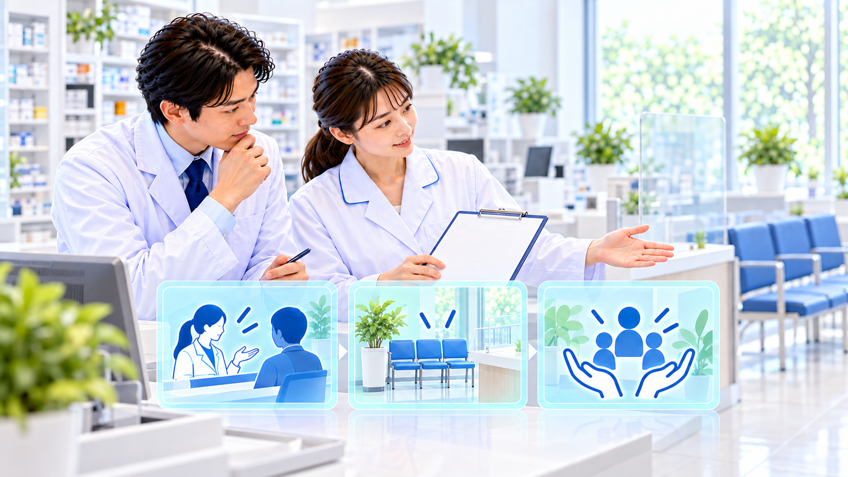 薬局スタッフが受付案内の内容と待合席を見比べる説明用イメージ