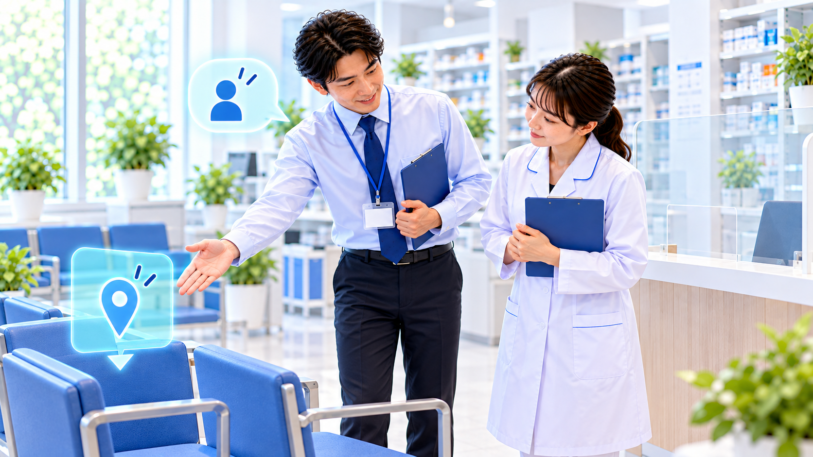 薬局スタッフが待合席を示す案内を練習する説明用イメージ