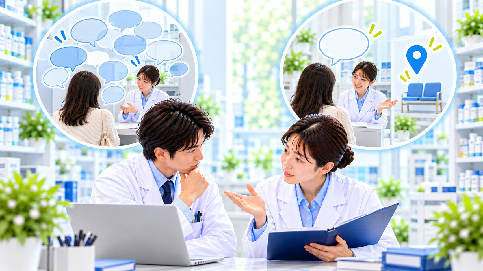 言葉を重ねる案内と一つの行動を示す案内をスタッフが比較する説明用イメージ