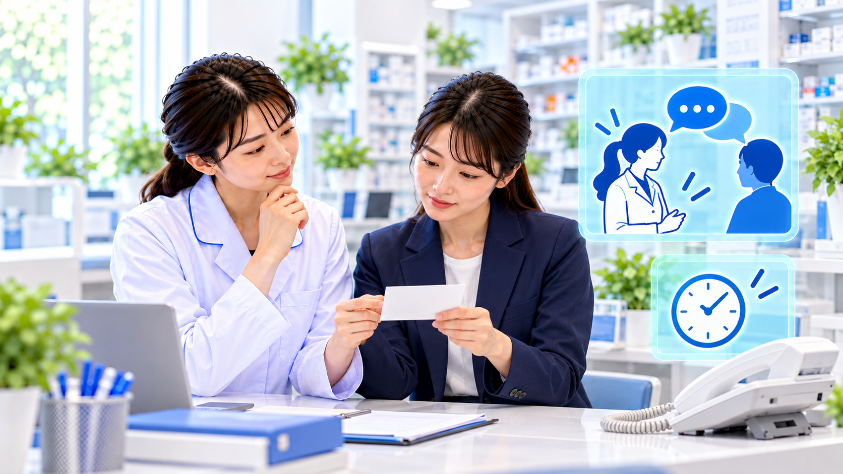薬剤師と店舗担当が言語支援の連絡先と利用条件を確認する説明用イメージ