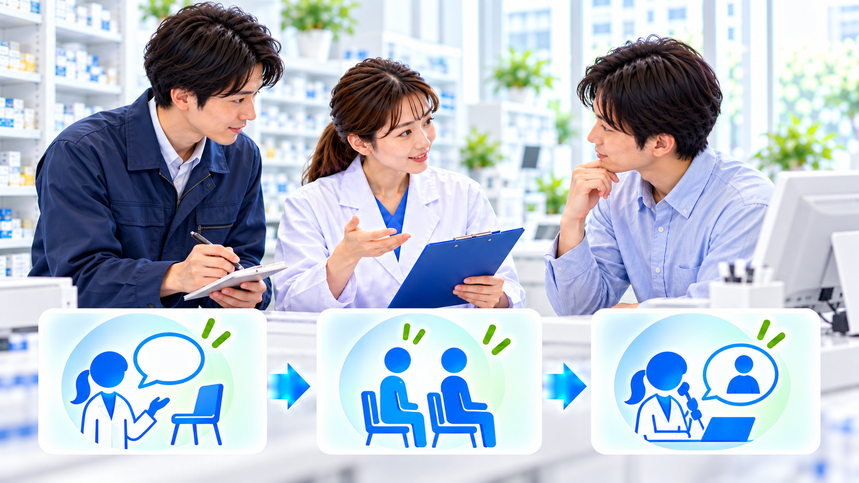 薬局スタッフが短い案内、反応の確認、支援への連絡を順に確認する説明用イメージ
