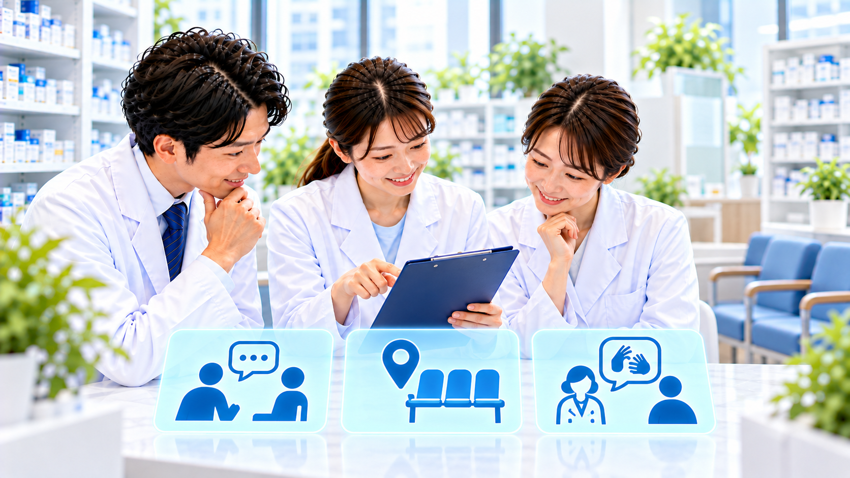薬局スタッフが会話の希望、待つ場所、支援方法を一緒に確認する説明用イメージ