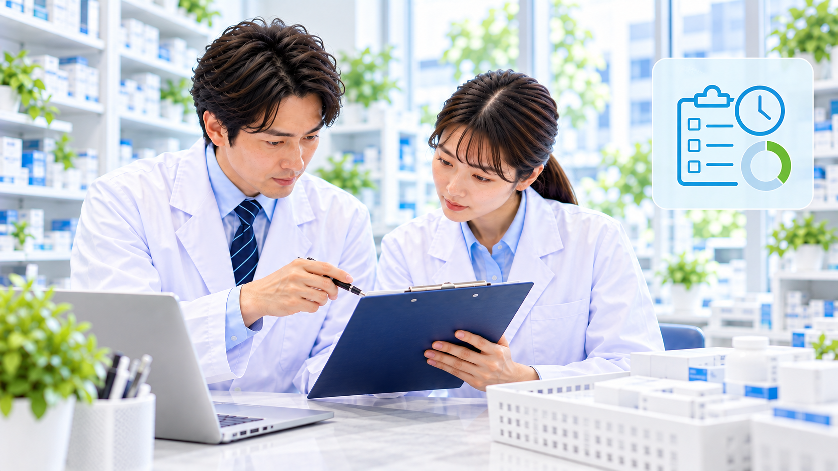薬局スタッフが終業確認の記録と確認場所を見比べる説明用イメージ