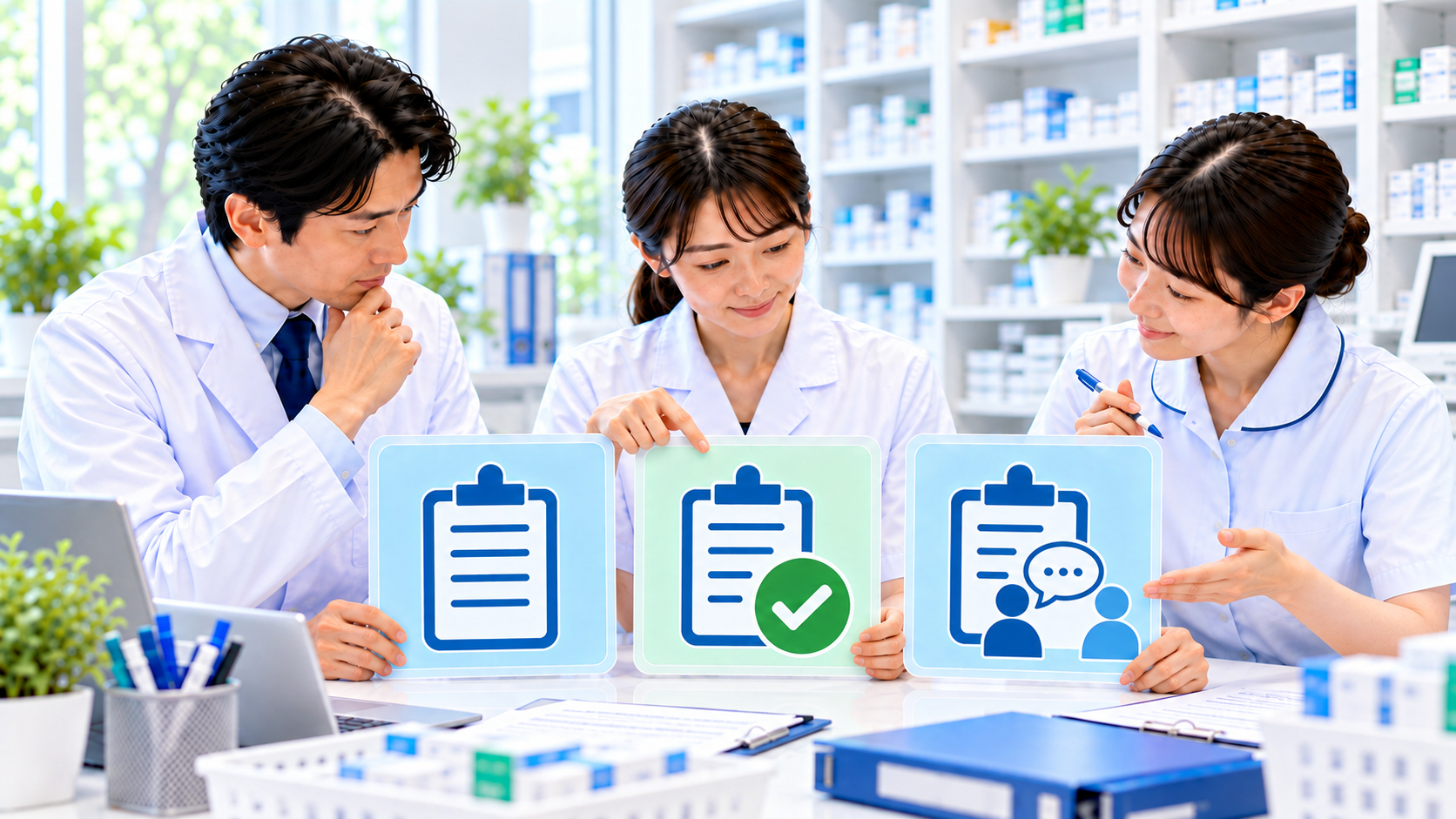 未確認、確認済み、要判断を表すカードをスタッフが見比べるイメージ