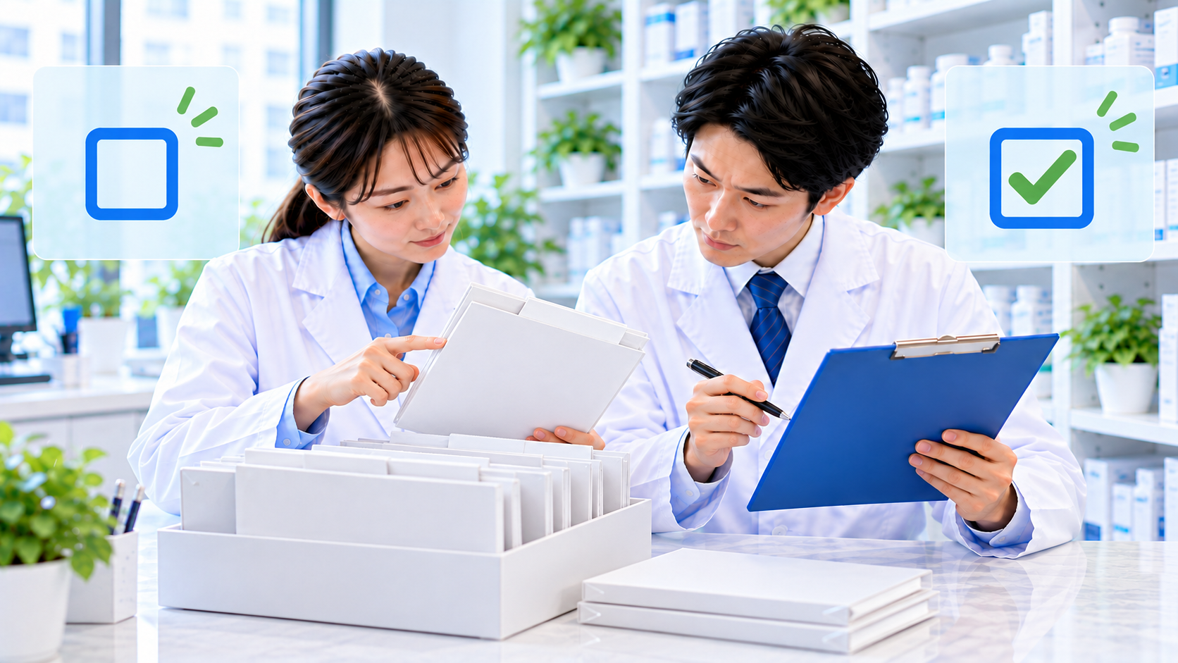 備品収納の確認対象と記録を照合する薬局スタッフ