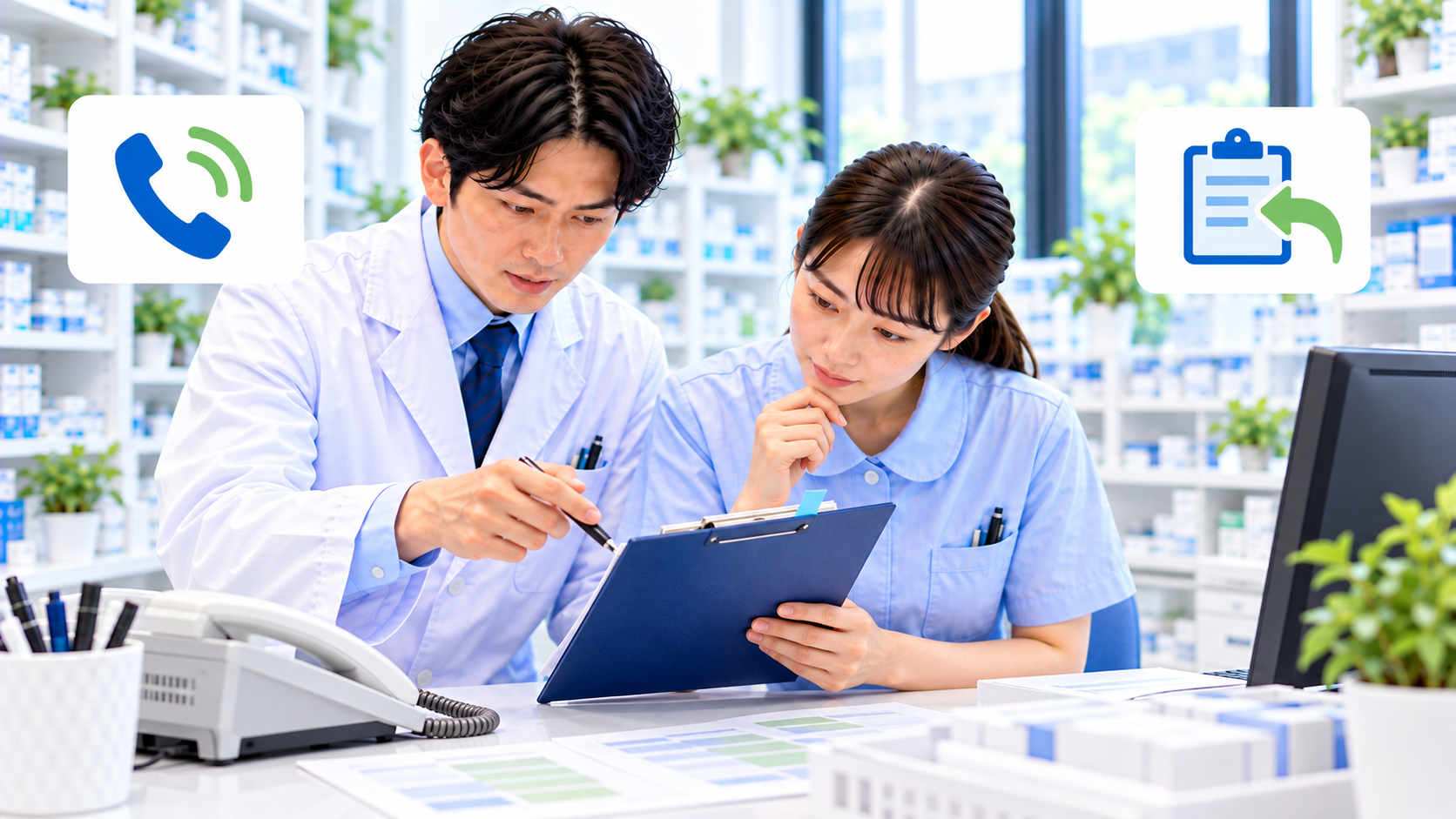 電話対応から戻ったスタッフが記録の中断位置を確認するイメージ
