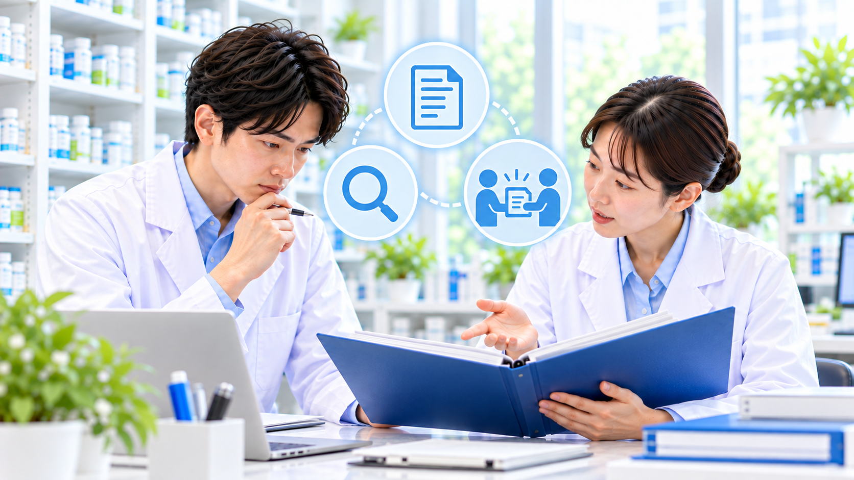 確認できない項目の記録を責任者と相談する薬局スタッフ
