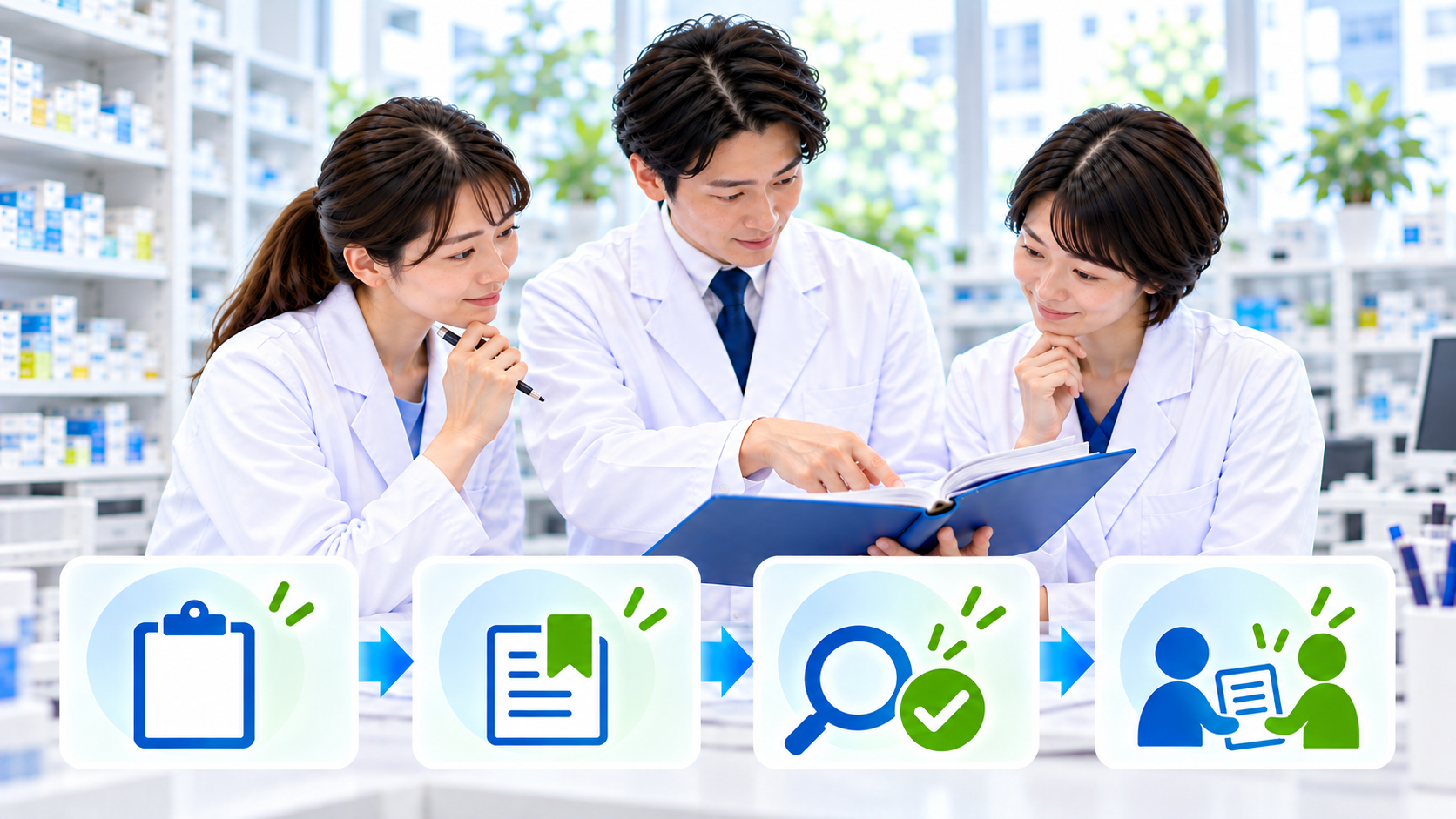 対象を選ぶ、中断を記録する、再確認する、例外を相談する流れのイメージ