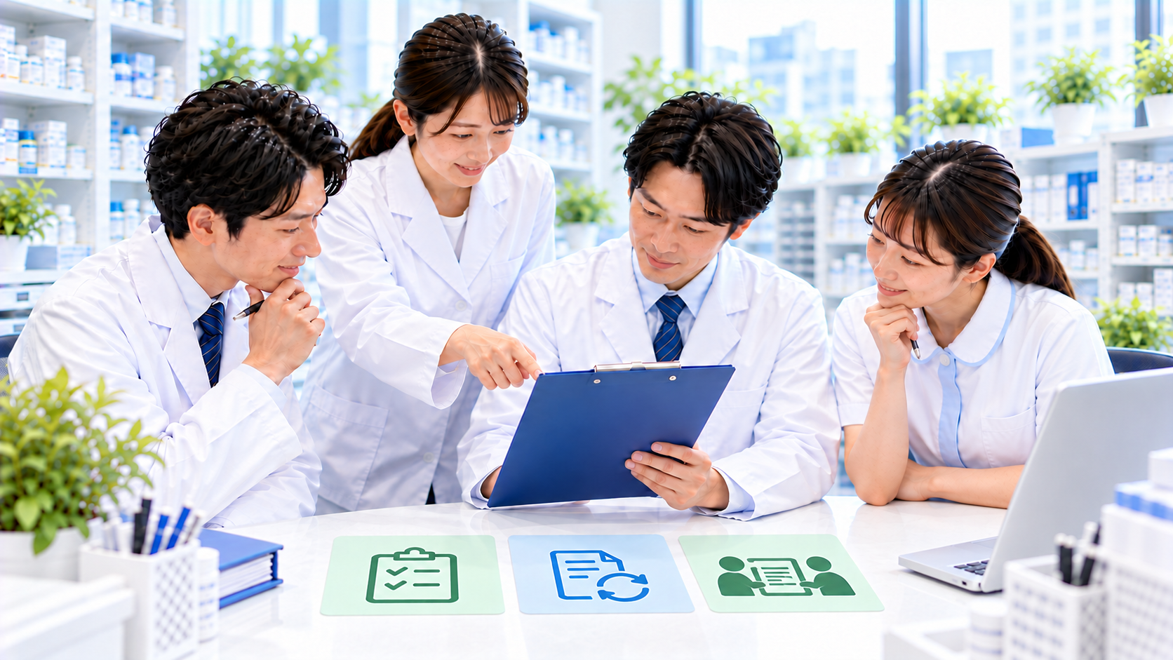 薬局スタッフが確認状態、中断位置、相談先の記録を振り返るイメージ