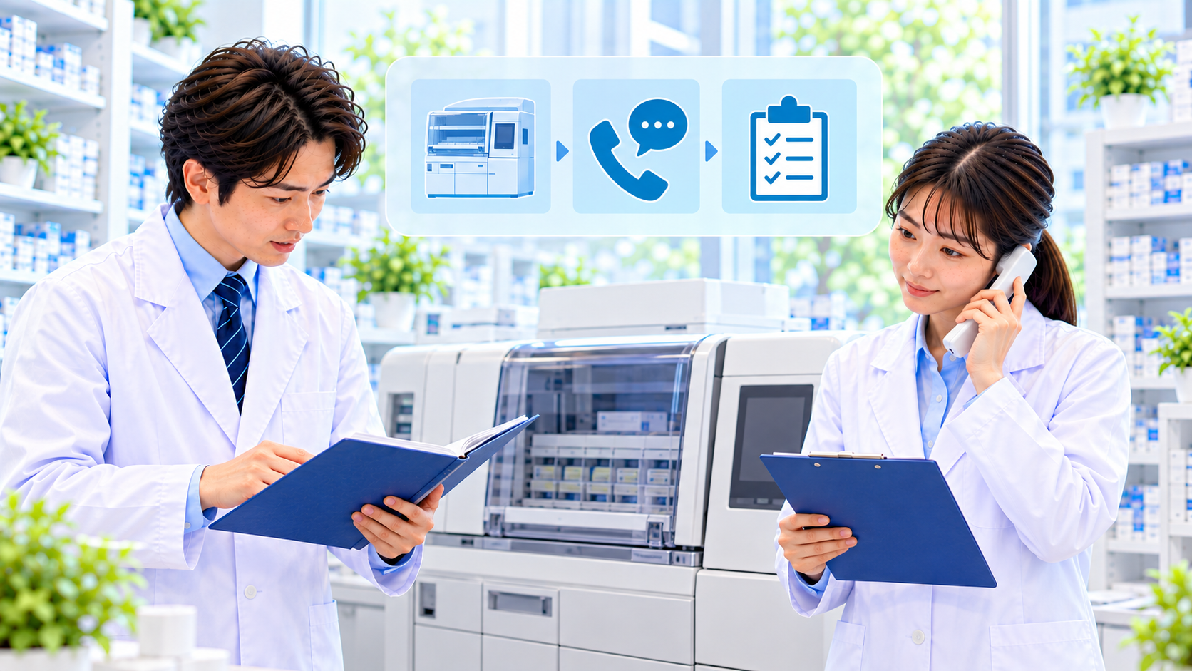 薬局スタッフが機器の資料をそろえ、正式な修理窓口へ連絡する説明用イメージ