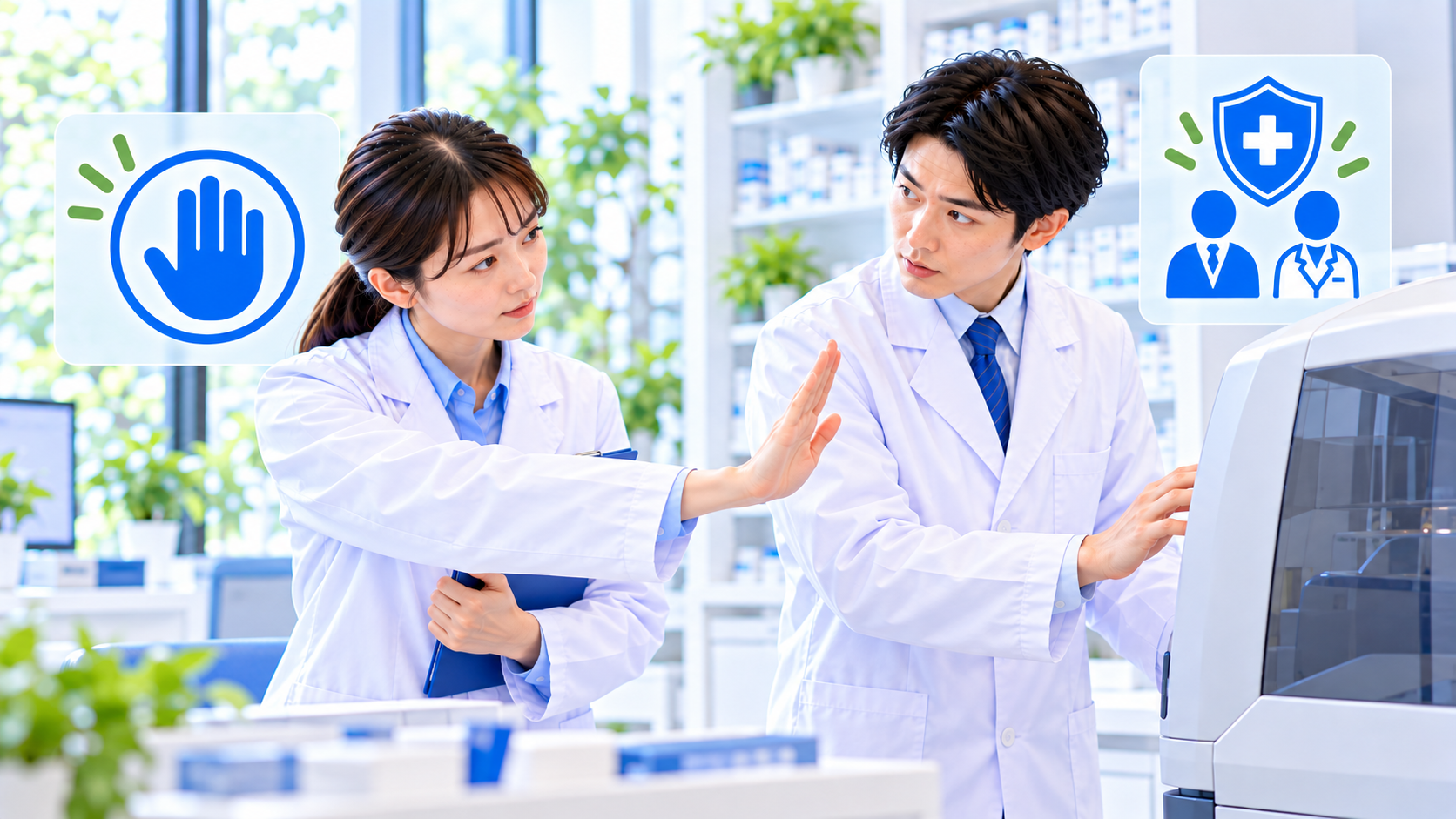 機器の操作へ進もうとする前に薬局スタッフが立ち止まって相談するイメージ