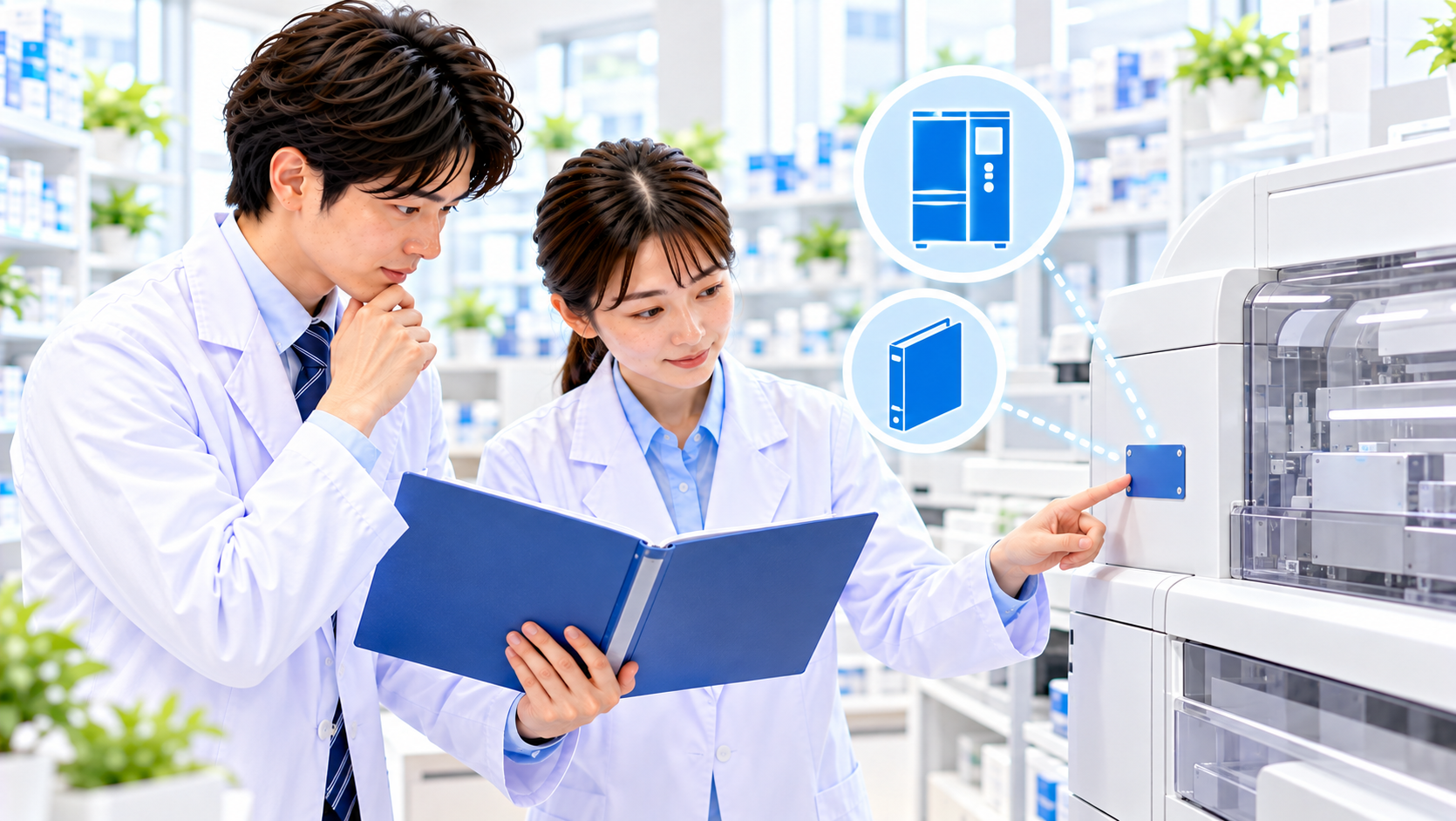 薬局スタッフが機器の識別札と管理用ファイルを見比べるイメージ