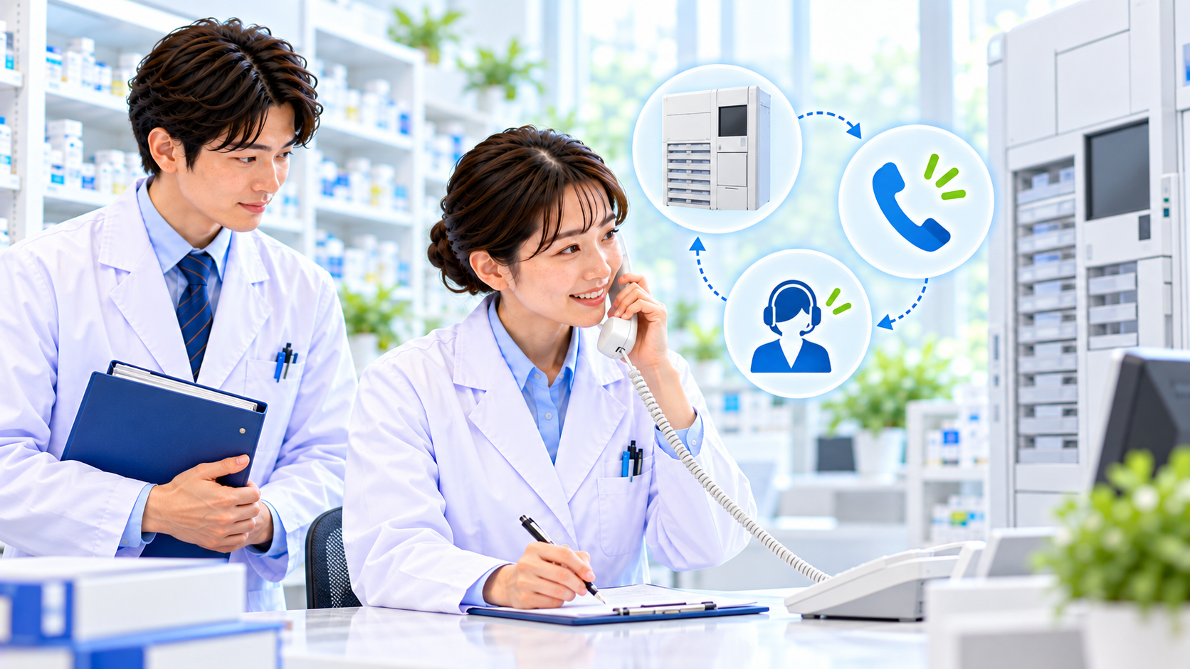 薬局スタッフが機器資料を参照しながら修理窓口へ電話し、回答を記録するイメージ