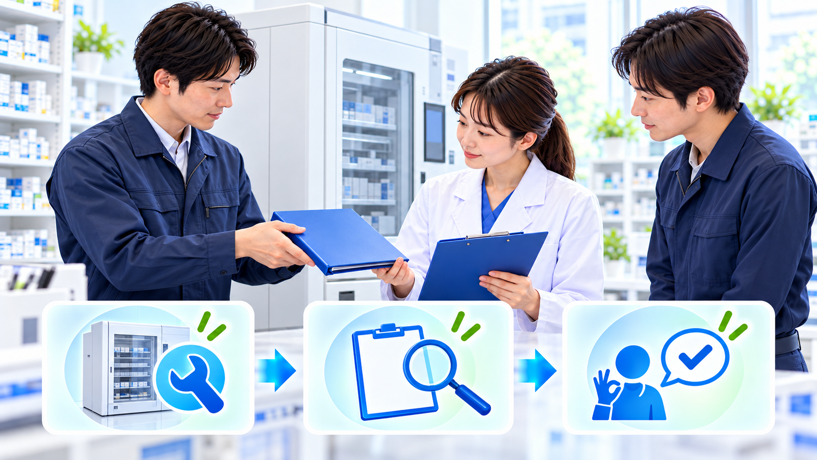 保守担当の作業結果を受け取り、薬局側で必要な確認と再開判断へつなぐイメージ