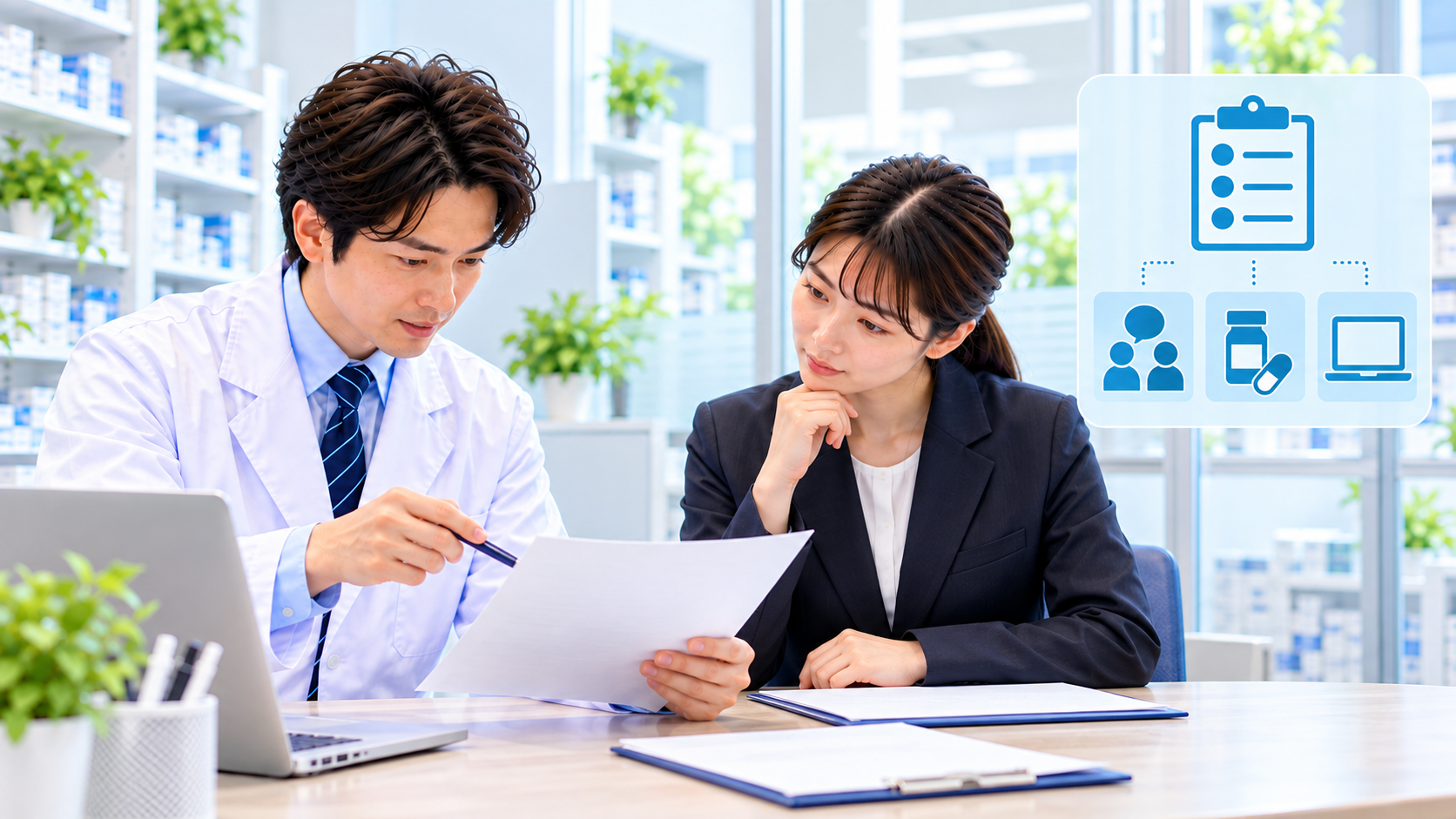 薬局の採用面接に向けて予定業務と経験確認の質問を準備するスタッフ