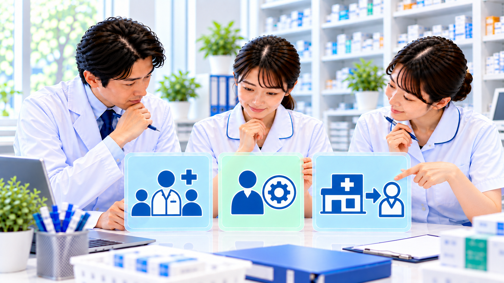 予定業務、本人の経験、確認した範囲の三つをカードで整理する薬局スタッフ
