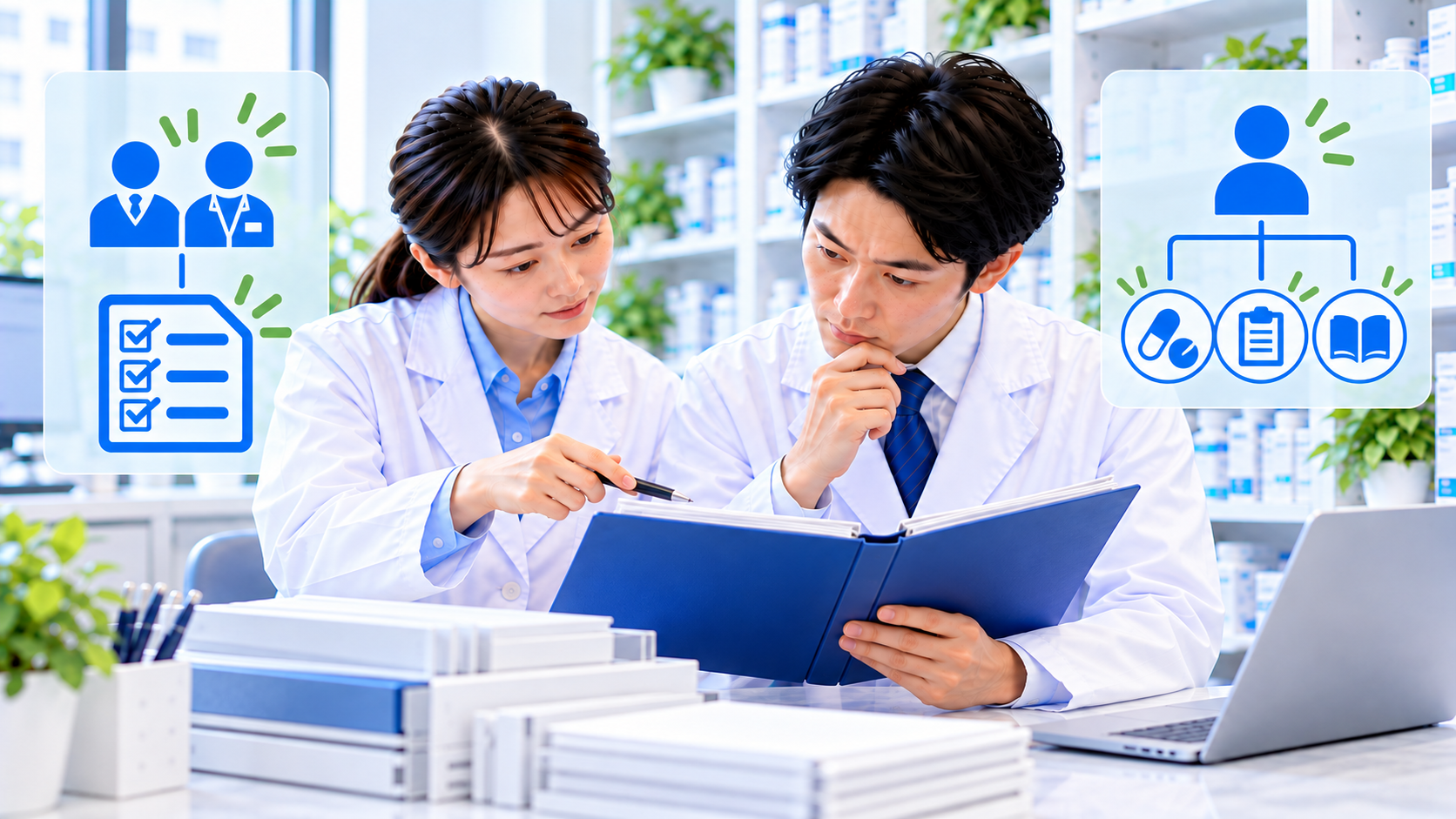 受入店の予定業務と支援する担当を資料で確認する薬局スタッフ