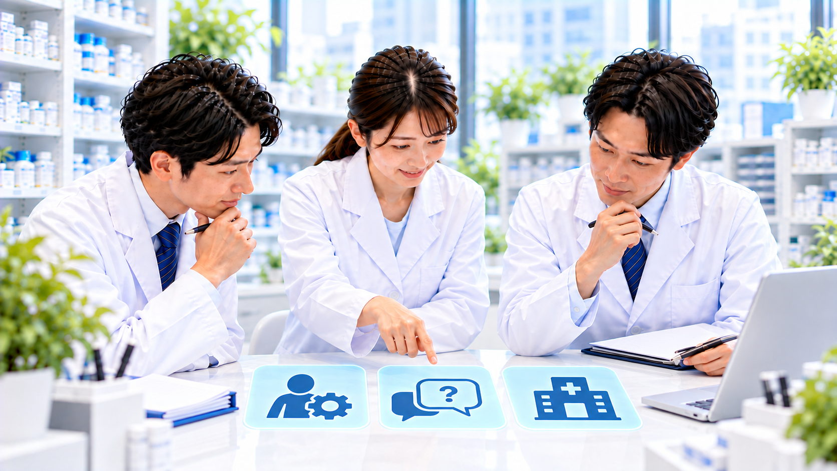 薬局スタッフが予定業務、質問、採用担当への共有をまとめて確認するイメージ
