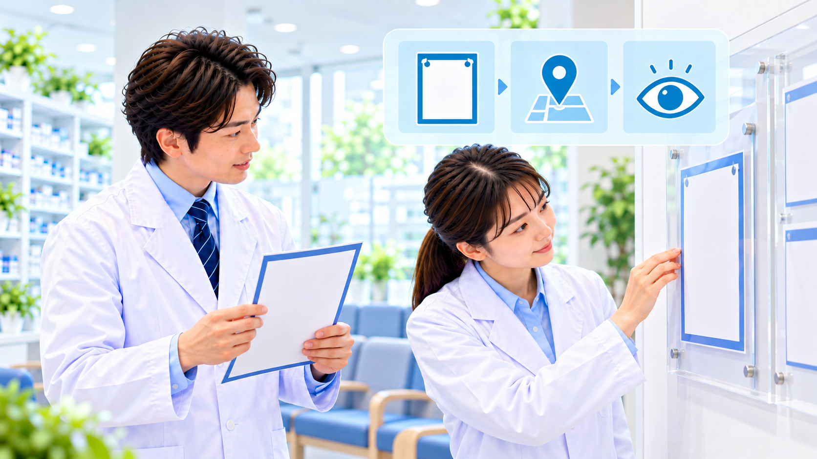 薬局スタッフが新しい掲示物と待合室の掲示面を見比べる説明用イメージ
