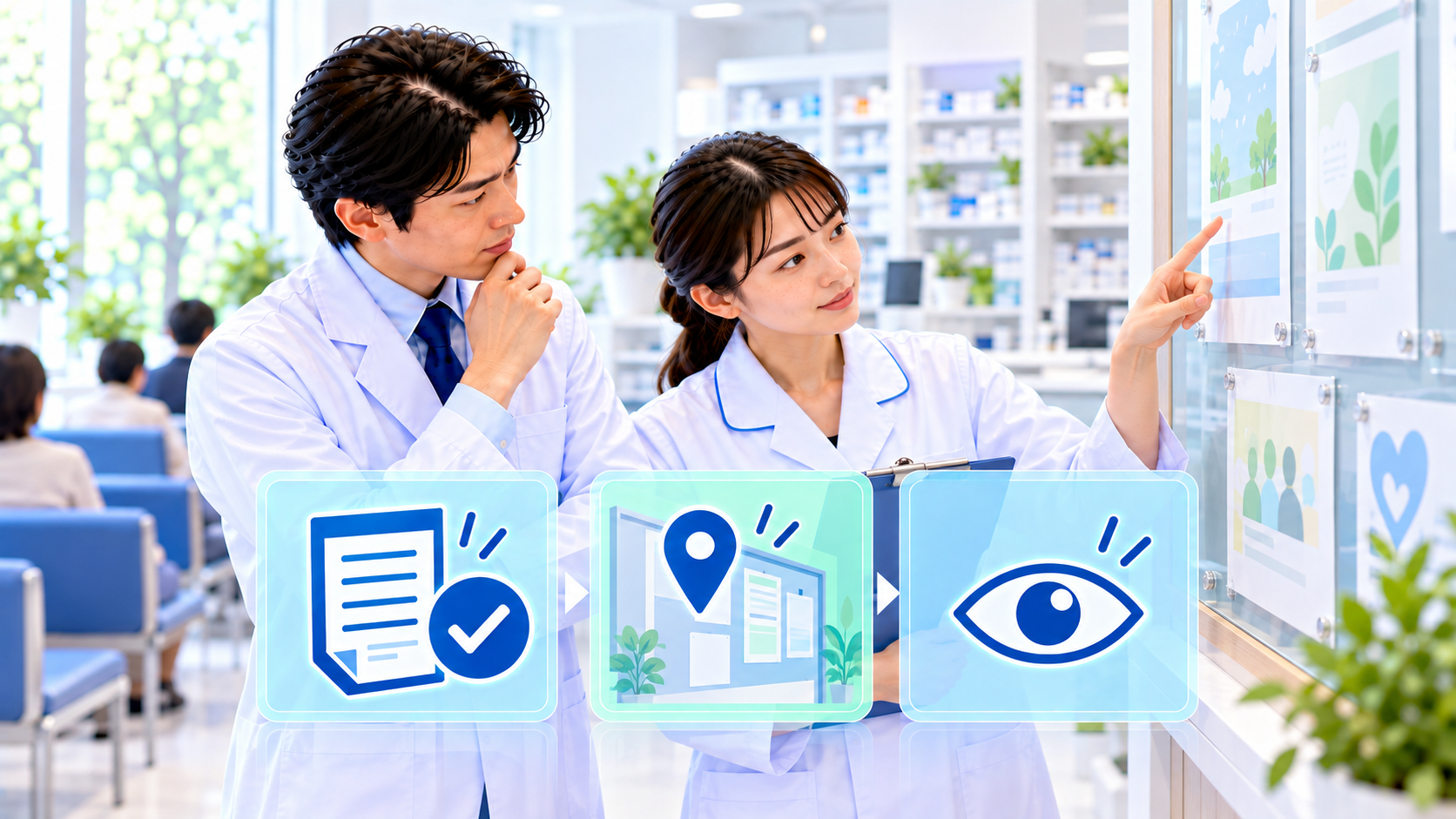 承認済みの紙、掲示場所、見え方の三つを確認する薬局スタッフのイメージ