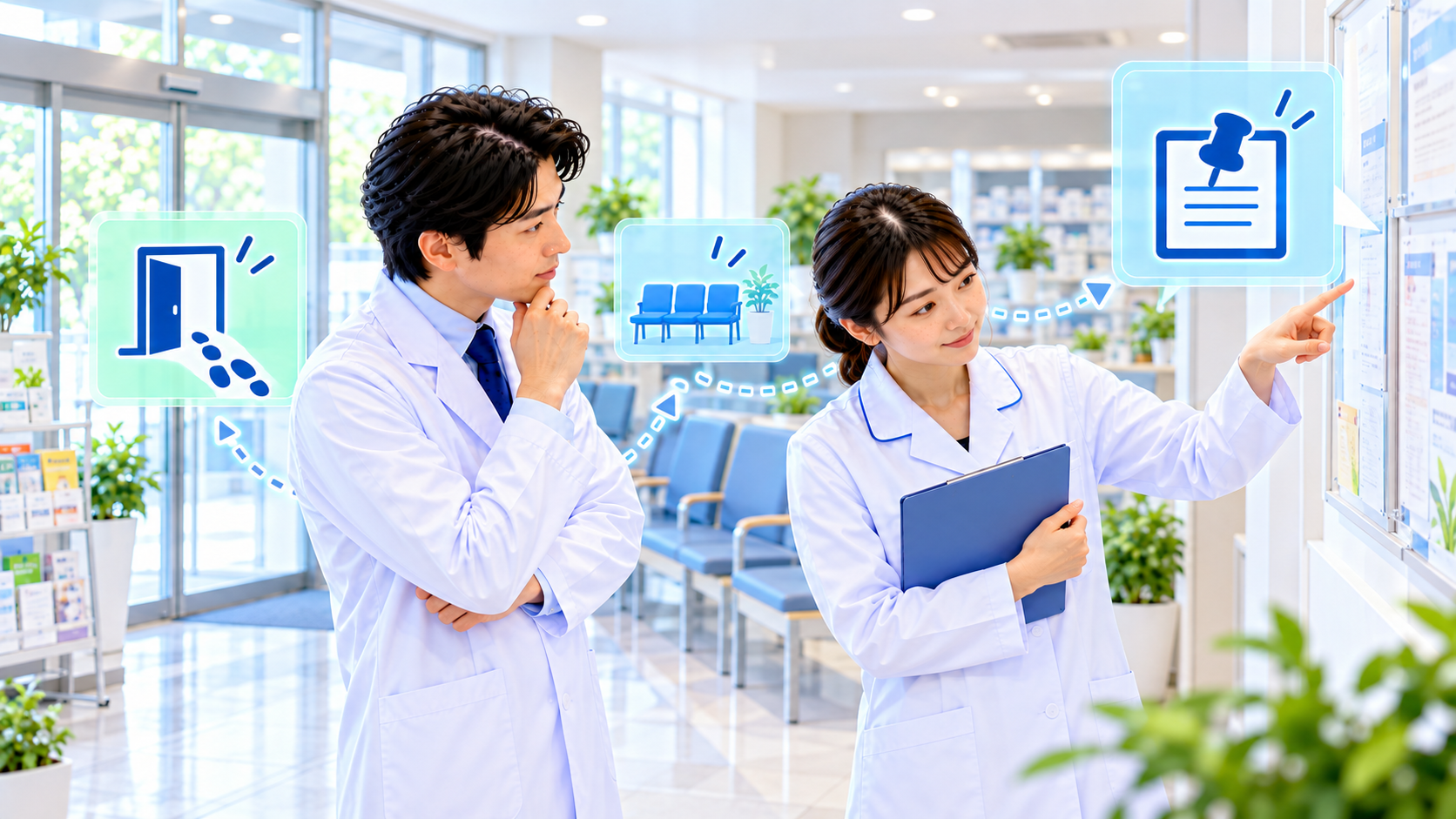 入口、待合席、壁面掲示の位置を確かめるスタッフのイメージ
