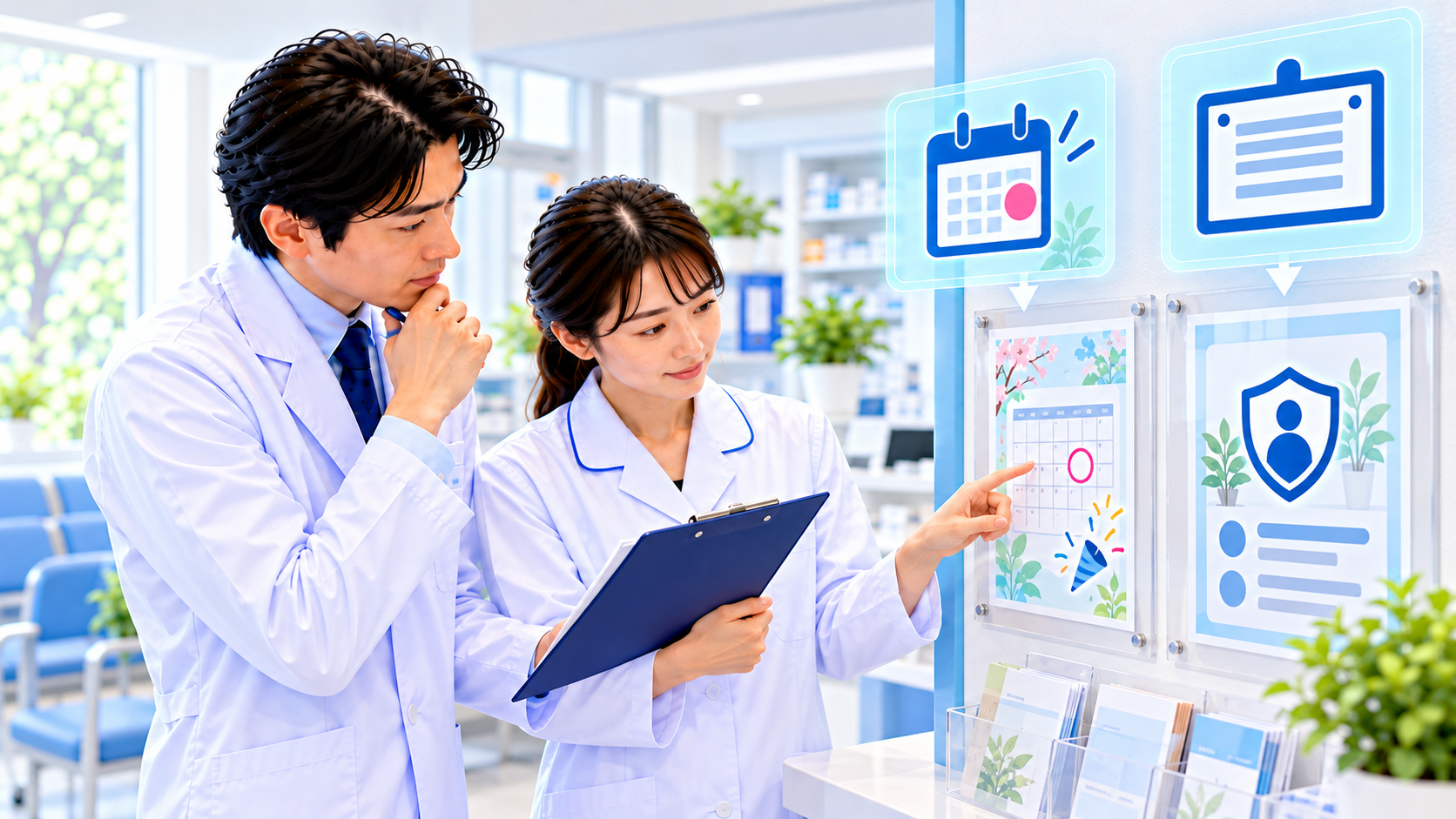 期間のあるお知らせと常設掲示を別の枠で確認する薬剤師のイメージ
