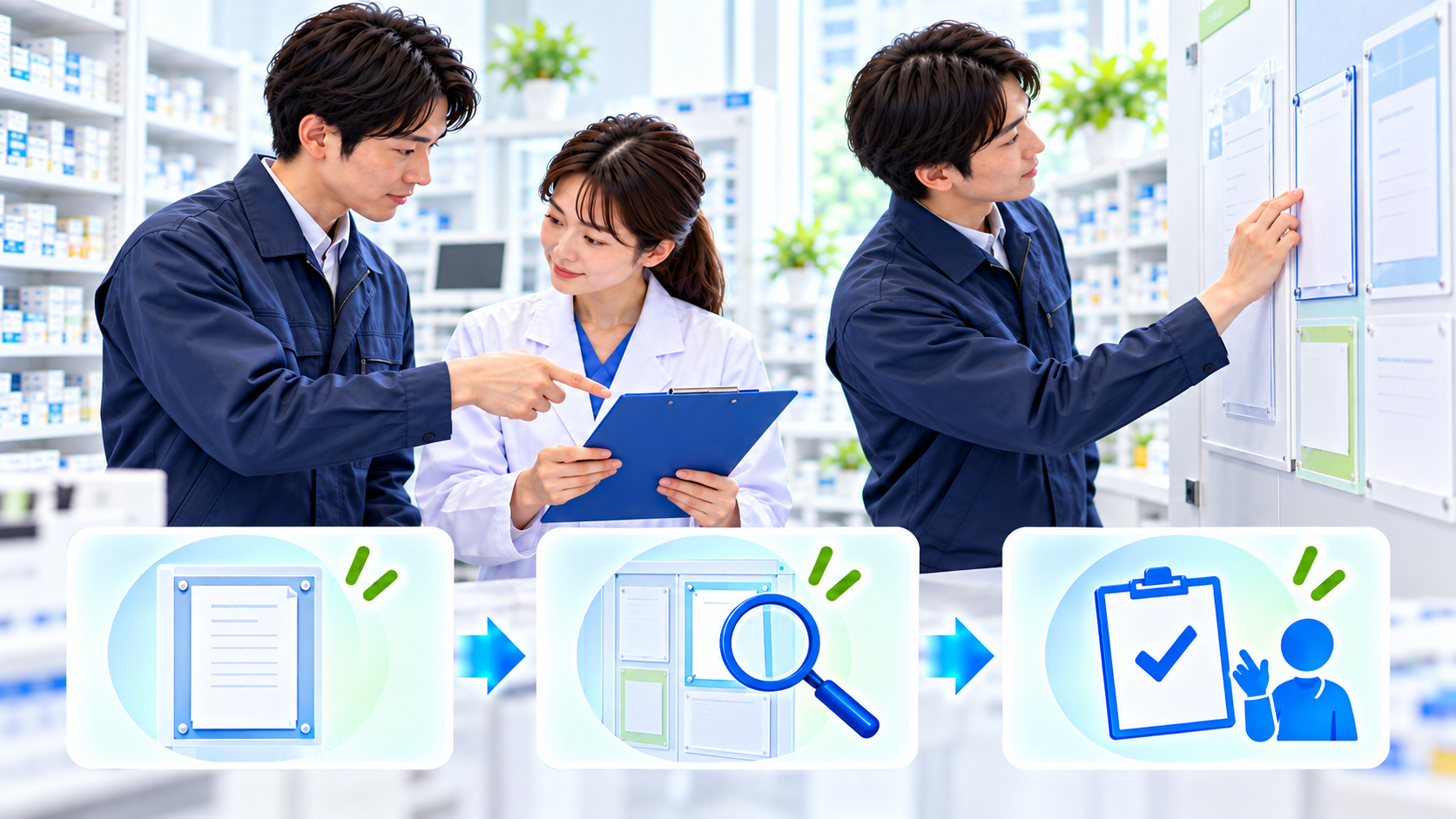 掲示物の差し替え、現物の照合、担当者との確認を順に示すイメージ