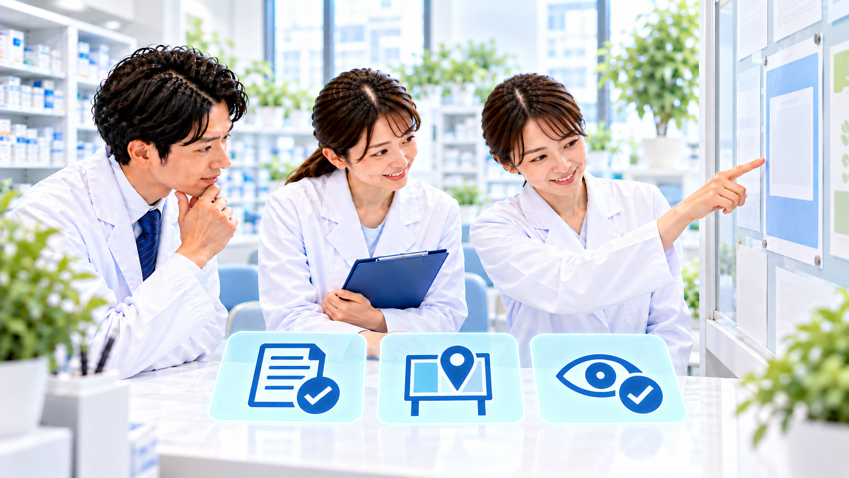 掲示する紙、掲示箇所、見え方の確認を共有する薬局チームのイメージ