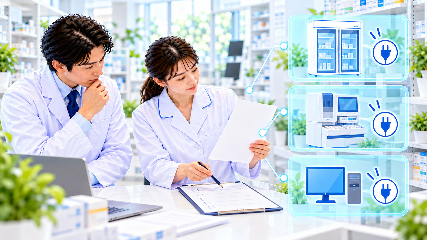 薬局設備を一覧にして話し合うスタッフのイメージ